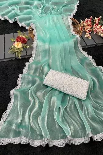 Sea Green Color Silver Lace border Oraganza Silk Saree