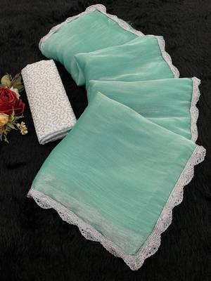 Sea Green Color Silver Lace border Oraganza Silk Saree 3