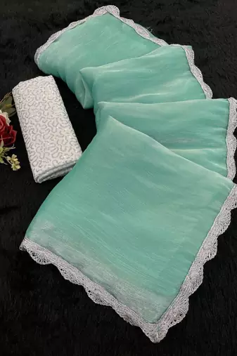 Sea Green Color Silver Lace border Oraganza Silk Saree