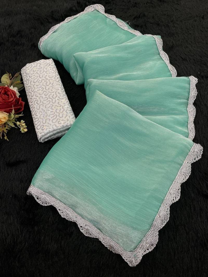 Sea Green Color Silver Lace border Oraganza Silk Saree