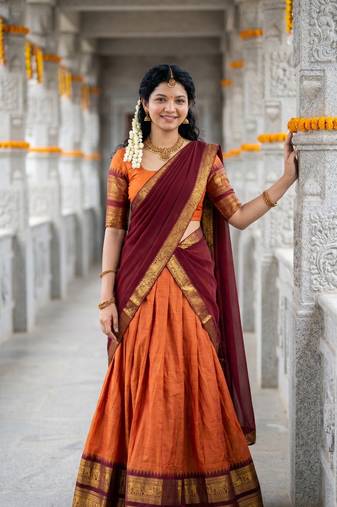 Women’s Orange and Maroon Traditional Half Saree Lehenga with Golden Woven Border