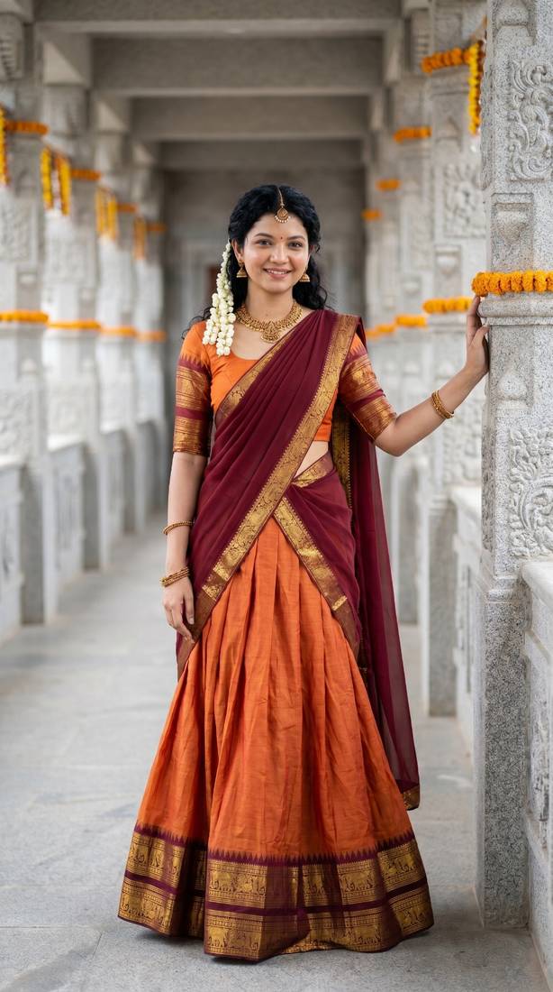 Women’s Orange and Maroon Traditional Half Saree Lehenga with Golden Woven Border