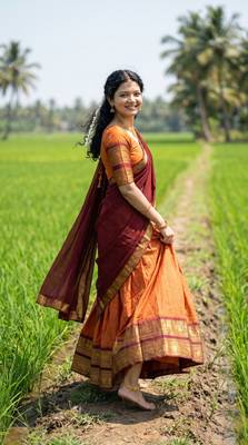 Women’s Orange and Maroon Traditional Half Saree Lehenga with Golden Woven Border 2
