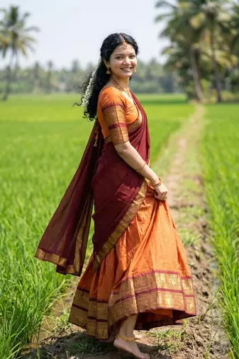 Women’s Orange and Maroon Traditional Half Saree Lehenga with Golden Woven Border