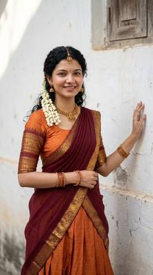 Women’s Orange and Maroon Traditional Half Saree Lehenga with Golden Woven Border 3