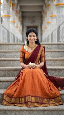 Women’s Orange and Maroon Traditional Half Saree Lehenga with Golden Woven Border 4