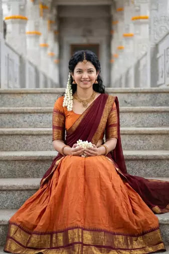 Women’s Orange and Maroon Traditional Half Saree Lehenga with Golden Woven Border