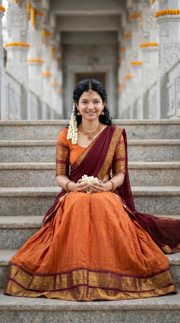 Women’s Orange and Maroon Traditional Half Saree Lehenga with Golden Woven Border