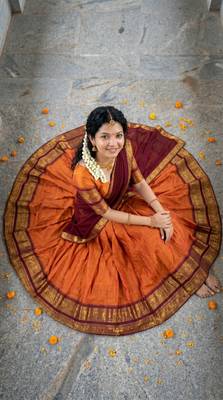 Women’s Orange and Maroon Traditional Half Saree Lehenga with Golden Woven Border 5