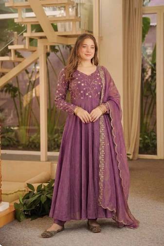 Purple Color Embroidery sequence Work Silk Blend Salwar Suit 