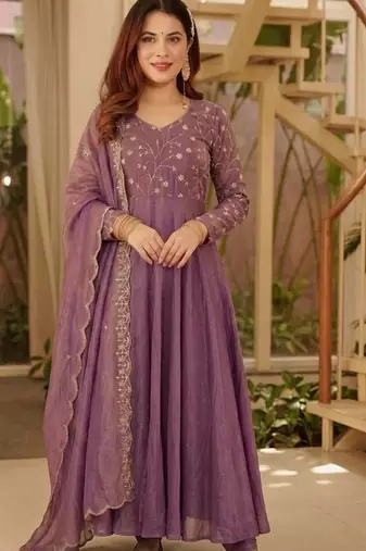 Purple Color Embroidery sequence Work Silk Blend Salwar Suit 