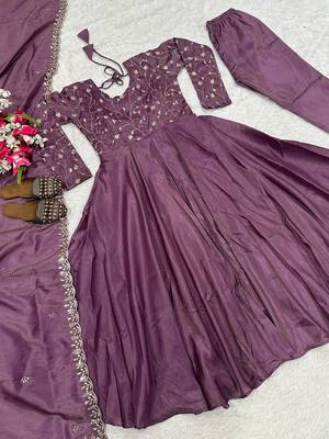 Purple Color Embroidery sequence Work Silk Blend Salwar Suit  5