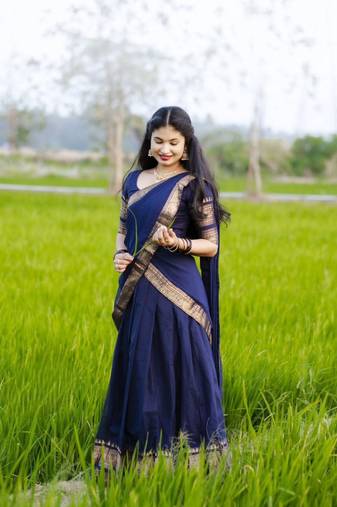 Women’s Navy Blue Traditional Saree with Golden Woven Border and Matching Blouse