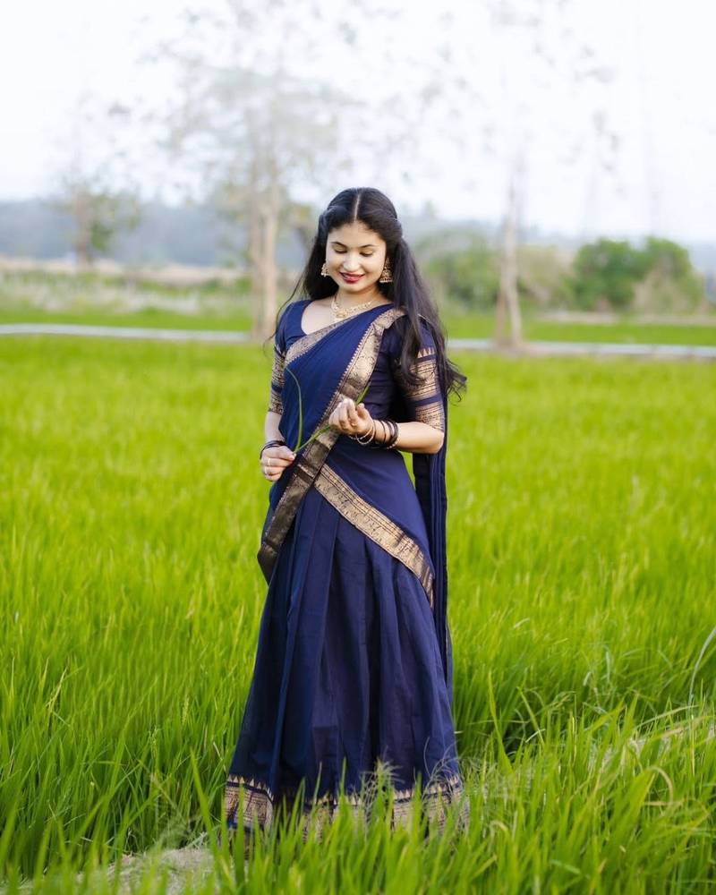 Women’s Navy Blue Traditional Saree with Golden Woven Border and Matching Blouse