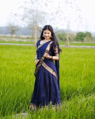 Women’s Navy Blue Traditional Saree with Golden Woven Border and Matching Blouse 1