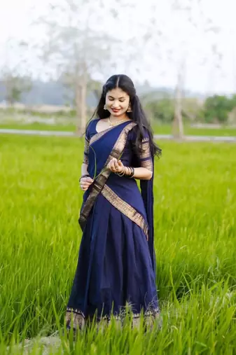 Women’s Navy Blue Traditional Saree with Golden Woven Border and Matching Blouse