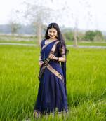 Women’s Navy Blue Traditional Saree with Golden Woven Border and Matching Blouse