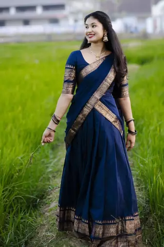 Women’s Navy Blue Traditional Saree with Golden Woven Border and Matching Blouse