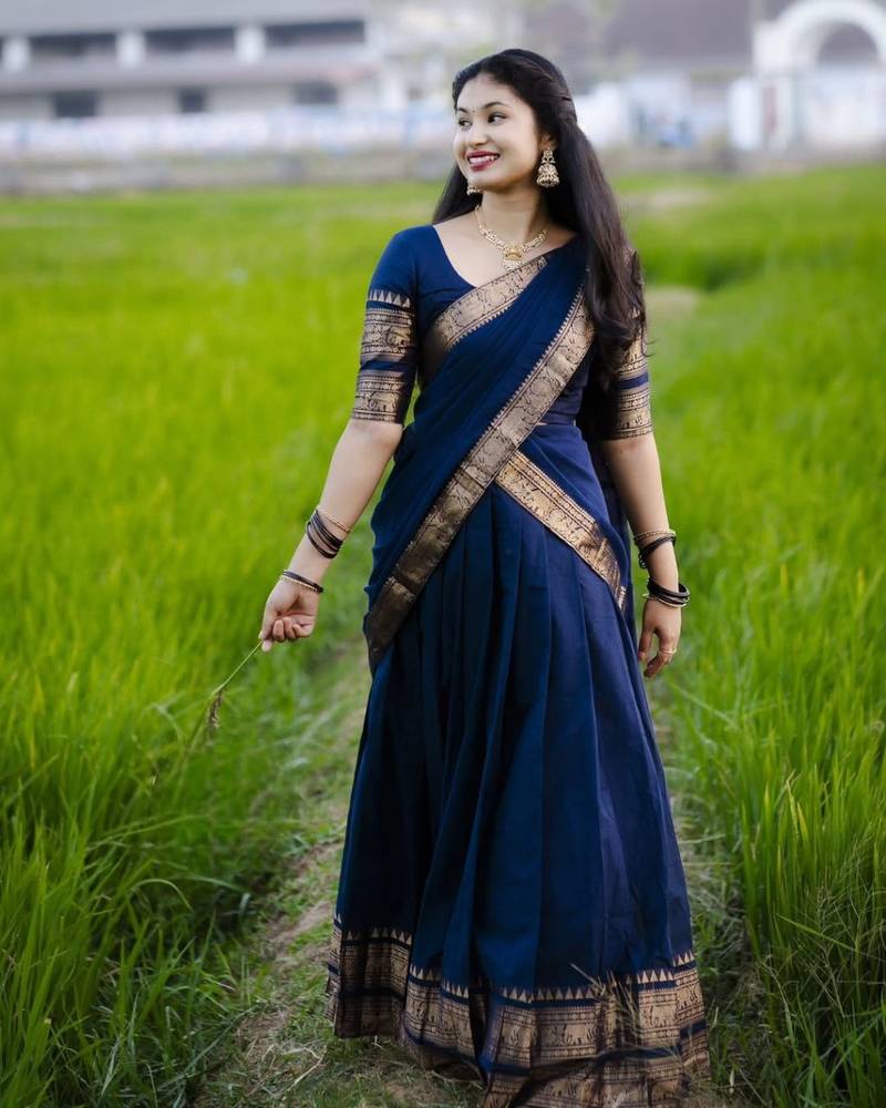 Women’s Navy Blue Traditional Saree with Golden Woven Border and Matching Blouse