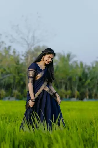 Women’s Navy Blue Traditional Saree with Golden Woven Border and Matching Blouse
