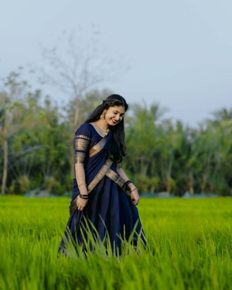 Women’s Navy Blue Traditional Saree with Golden Woven Border and Matching Blouse