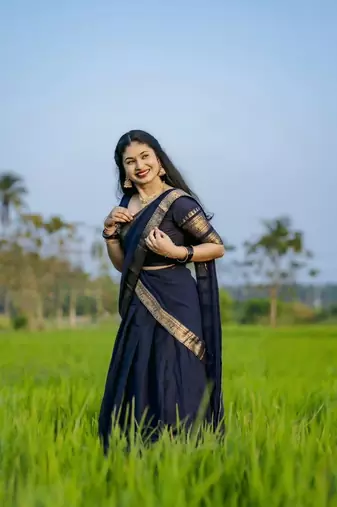 Women’s Navy Blue Traditional Saree with Golden Woven Border and Matching Blouse