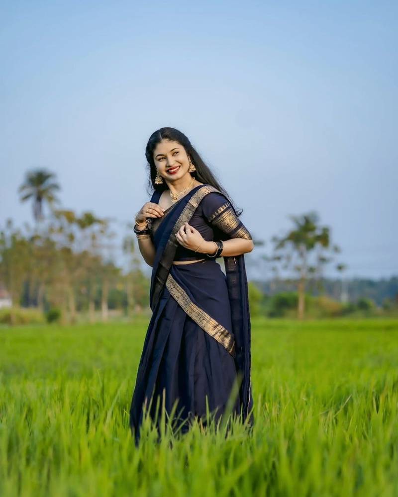 Women’s Navy Blue Traditional Saree with Golden Woven Border and Matching Blouse