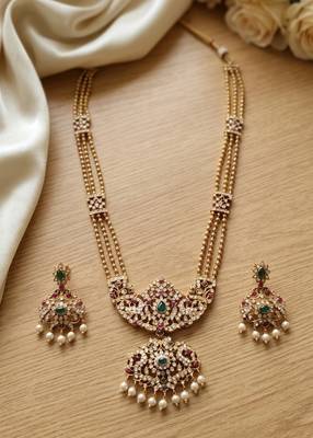Gold plated kundan necklace set with green gems & pearls | traditional bollywood bridal wedding jewelry 1