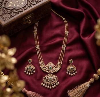Gold plated kundan necklace set with green gems & pearls | traditional bollywood bridal wedding jewelry 2