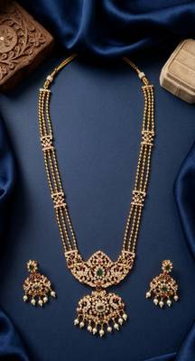 Gold plated kundan necklace set with green gems & pearls | traditional bollywood bridal wedding jewelry 3
