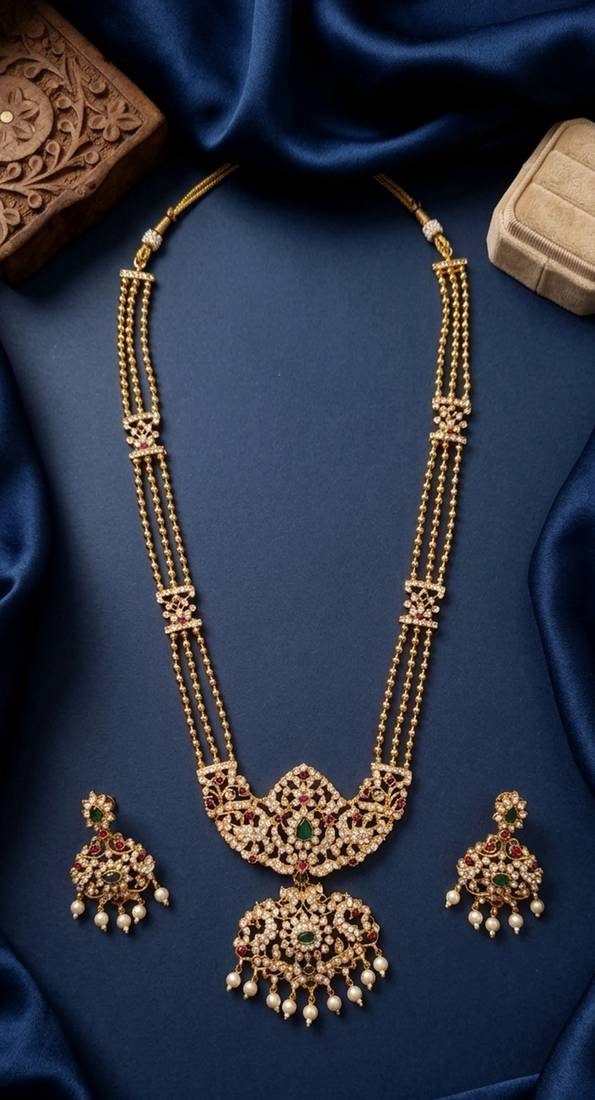 Gold plated kundan necklace set with green gems & pearls | traditional bollywood bridal wedding jewelry
