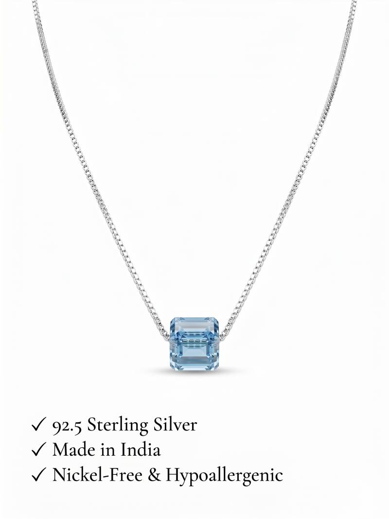 925 Sterling Silver Blue Crystal Pendant Necklace Set  for Women