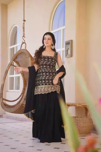 Black Color Embroidery Sequence Work Faux Georgette Salware Suit 