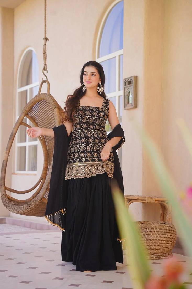 Black Color Embroidery Sequence Work Faux Georgette Salware Suit 
