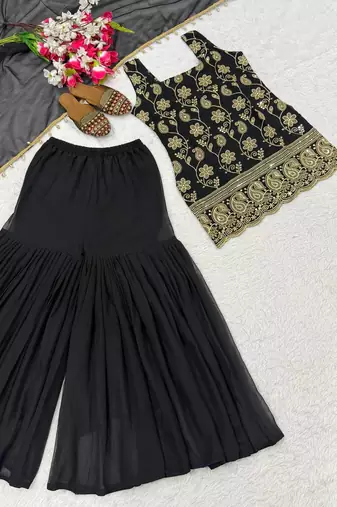 Black Color Embroidery Sequence Work Faux Georgette Salware Suit 