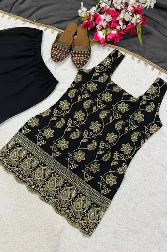 Black Color Embroidery Sequence Work Faux Georgette Salware Suit 