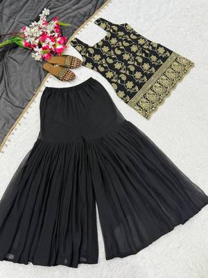 Black Color Embroidery Sequence Work Faux Georgette Salware Suit  5