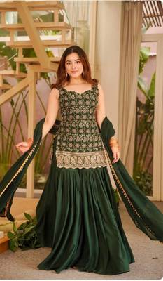 Green Color Embroidery Sequence Work Faux Georgette Salware Suit  1