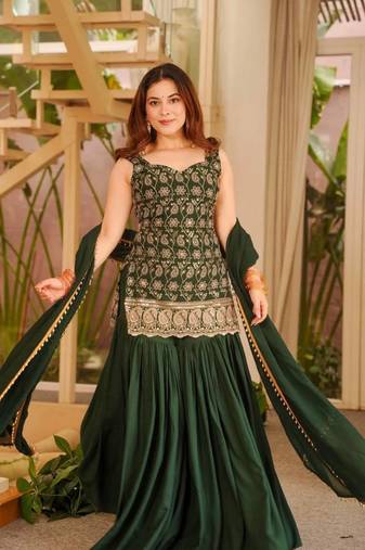 Green Color Embroidery Sequence Work Faux Georgette Salware Suit 