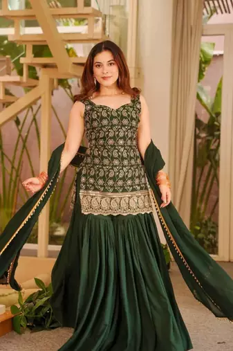 Green Color Embroidery Sequence Work Faux Georgette Salware Suit 