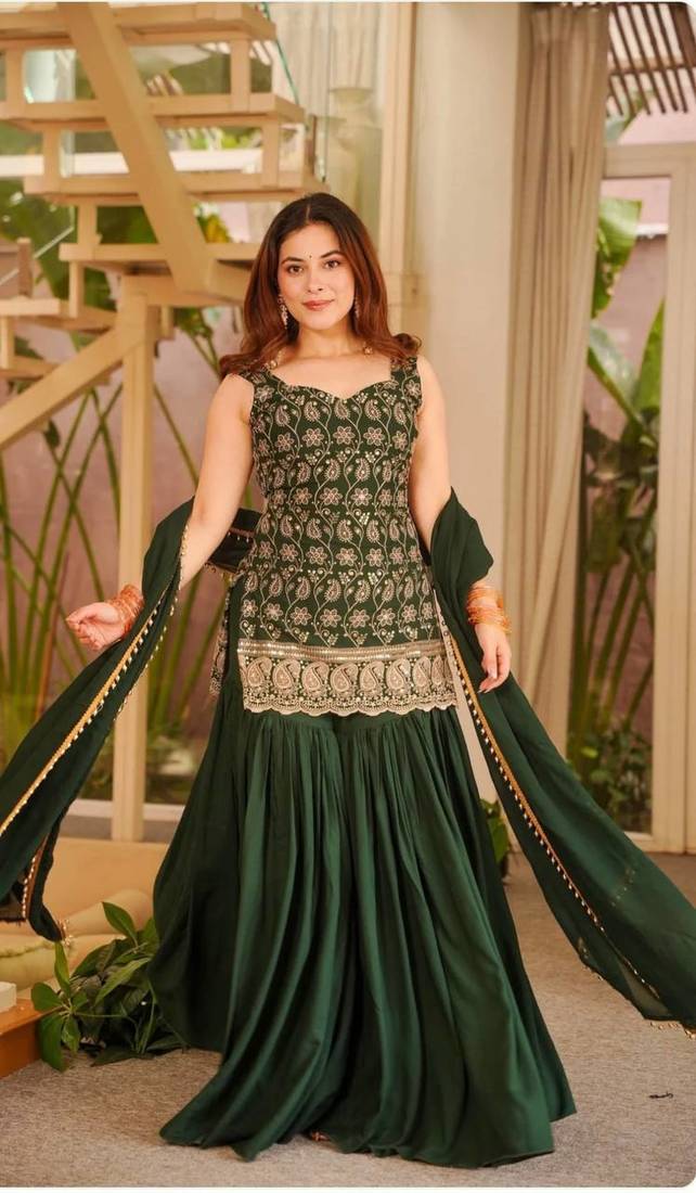 Green Color Embroidery Sequence Work Faux Georgette Salware Suit 