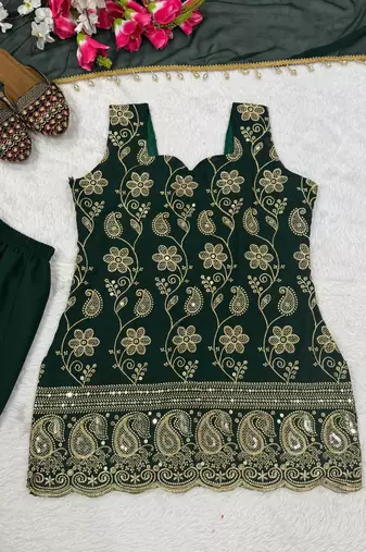 Green Color Embroidery Sequence Work Faux Georgette Salware Suit 
