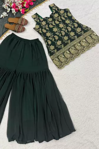 Green Color Embroidery Sequence Work Faux Georgette Salware Suit 