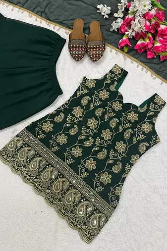 Green Color Embroidery Sequence Work Faux Georgette Salware Suit 
