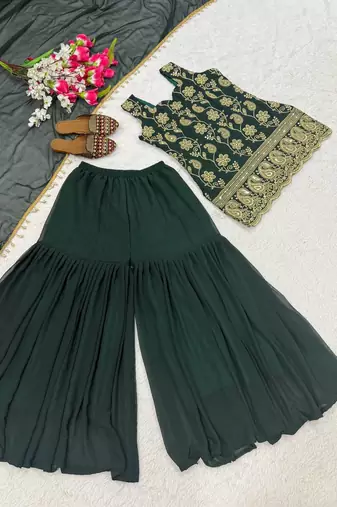 Green Color Embroidery Sequence Work Faux Georgette Salware Suit 
