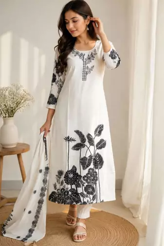 Elegant white and black floral embroidered kurta set