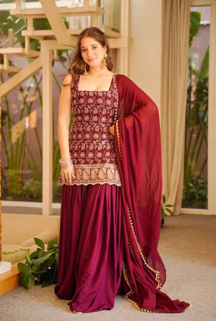 Rani Pink Color Embroidery Sequence Work Faux Georgette Salware Suit 