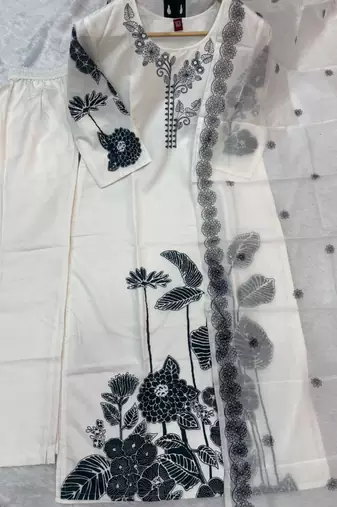 Elegant white and black floral embroidered kurta set