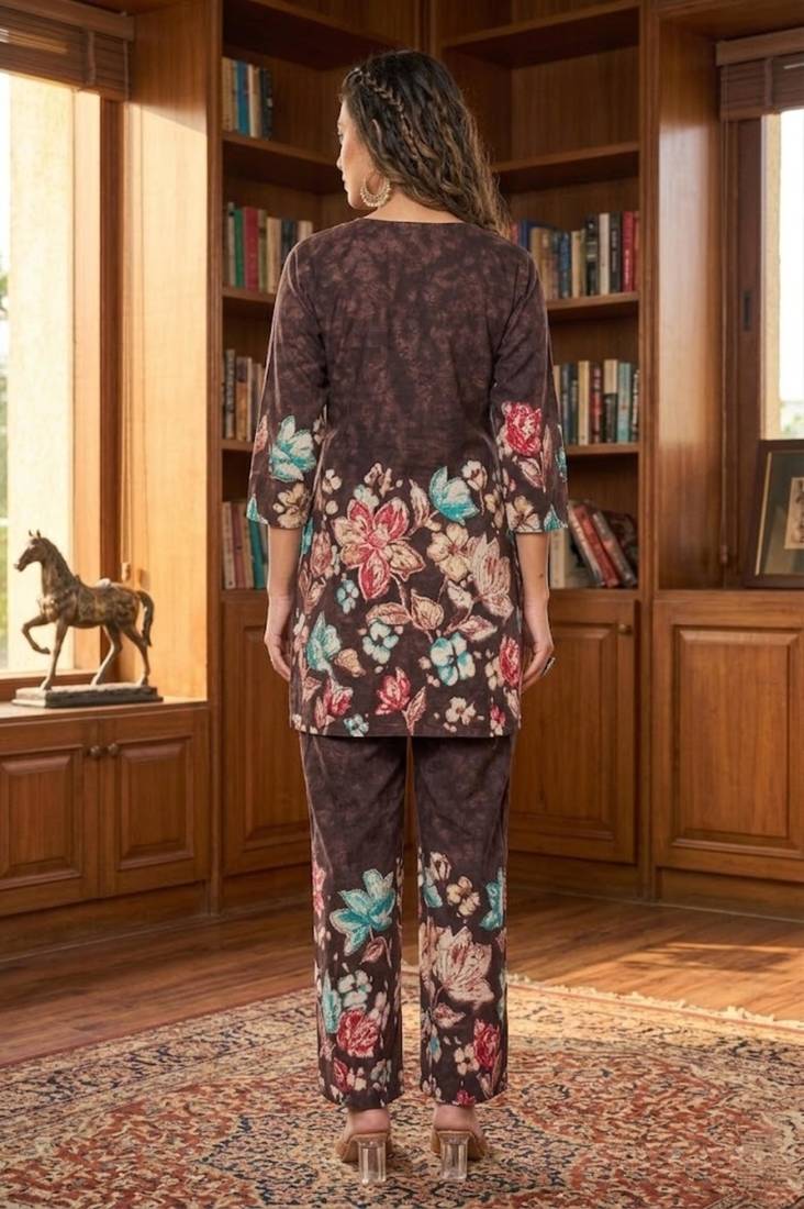 Women's dark brown floral printed co-ord set