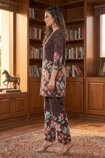 Women's dark brown floral printed co-ord set